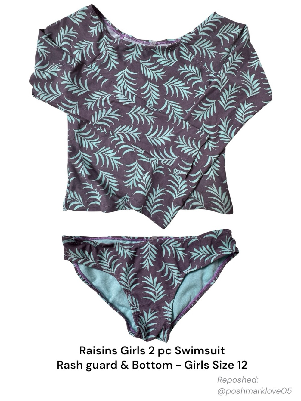 Raisins Girls 2pc Swim Set Size 12 Purple Mint Leaf Rash Guard + Bottom
